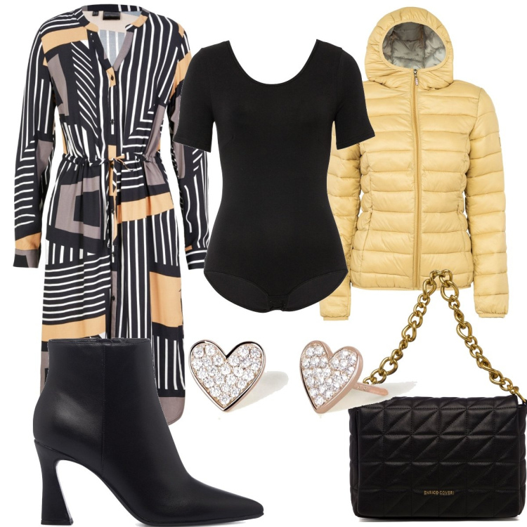 Outfit donna - Giunchino giallo con cappuccio. Stile Casual per Tutti i giorni. Abbinamento con body, vestiti, orecchini, piumini, stivaletti, borse a tracolla.