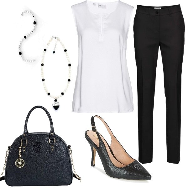 Outfit donna - Basic bon ton. Stile Basic per Ufficio. Abbinamento con pantaloni, top con spacco e scollo bianco, borsa a tracolla nero, scarpe nero, collana in placcato argento, bracciale in sterling 925 argento.