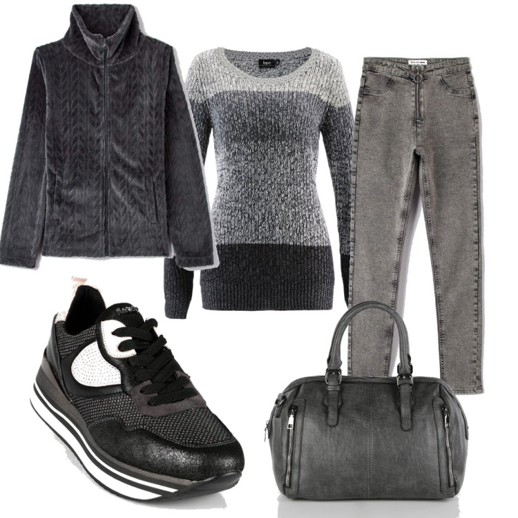 Outfit donna - Jeans grigio. Stile Casual per Tutti i giorni. Abbinamento con maglieria, sneakers, borse a mano, jeggings, felpe.