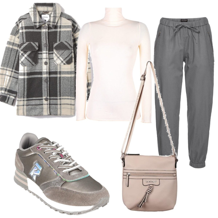 Outfit donna - Sneakers grigia. Stile Basic per Tutti i giorni. Abbinamento con pantaloni, cappotti, maglieria, borse a tracolla, sneakers alte.