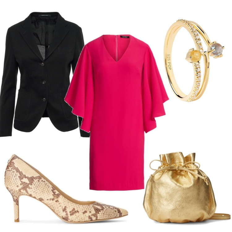 Outfit donna - Un anello per Natale. Stile Glamour per Serata fuori. Abbinamento con anelli, vestiti, borse a secchiello, décolleté, blazer.