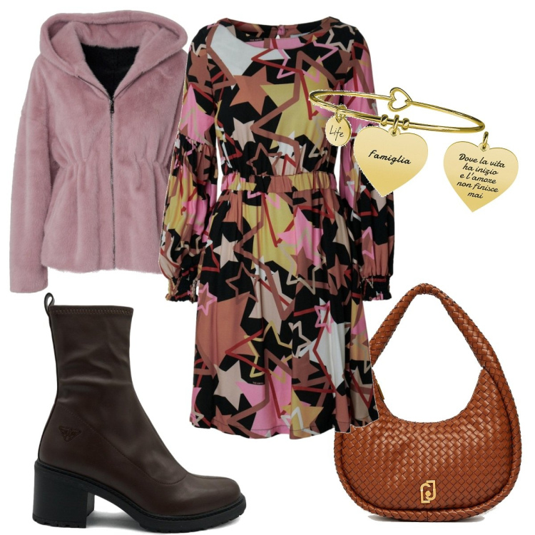 Outfit donna - Un braccialetto sotto l\'albero. Stile Trendy per Serata fuori. Abbinamento con braccialetti, borse a mano, vestiti, stivaletti, ecopellicce.