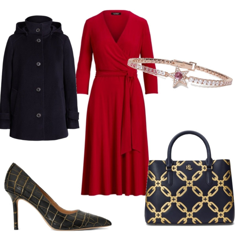 Outfit donna - La stella di Natale. Stile Glamour per Cerimonia. Abbinamento con braccialetti, vestiti, borse a mano, décolleté, cappotti.