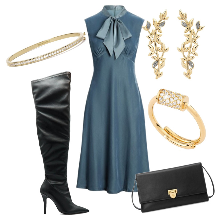 Outfit donna - Speciale Gioielli. Stile Glamour per Serata fuori. Abbinamento con braccialetti, anelli, orecchini, vestiti, clutch, stivali.