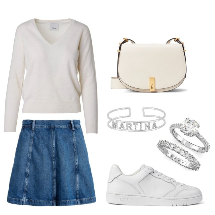 Outfit donna - Total look #1486954. Stile Trendy per Tutti i giorni. Abbinamento con anelli, braccialetti, borse a spalla, gonne, sneakers, maglieria.