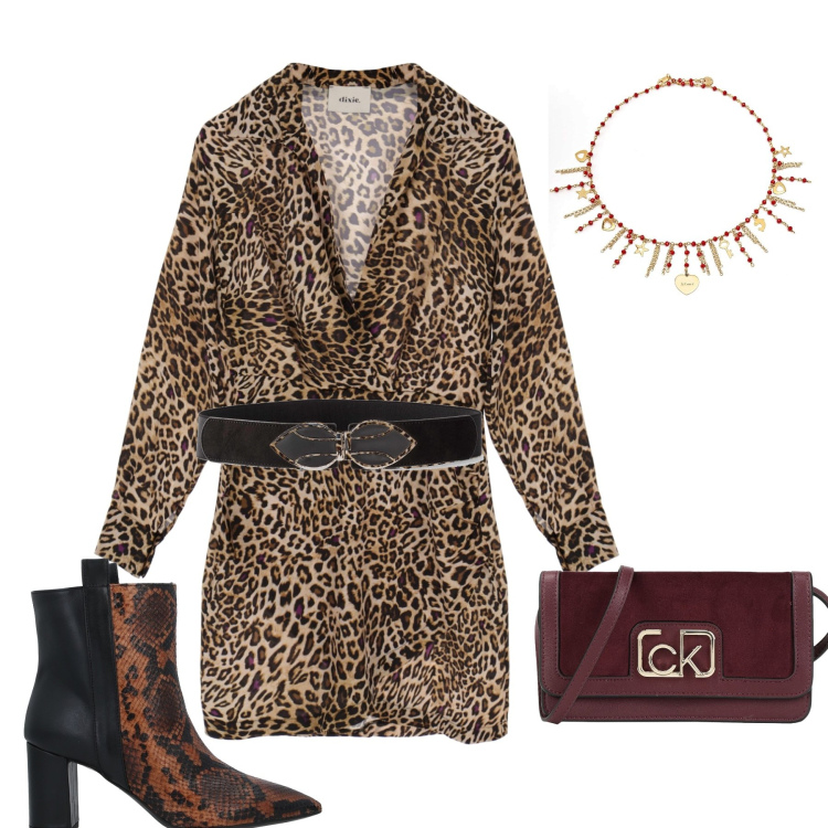Outfit donna - Abito animalier. Stile Glamour per Serata fuori. Abbinamento con cinture, stivaletti, borse a mano, collane, vestiti chemisier.
