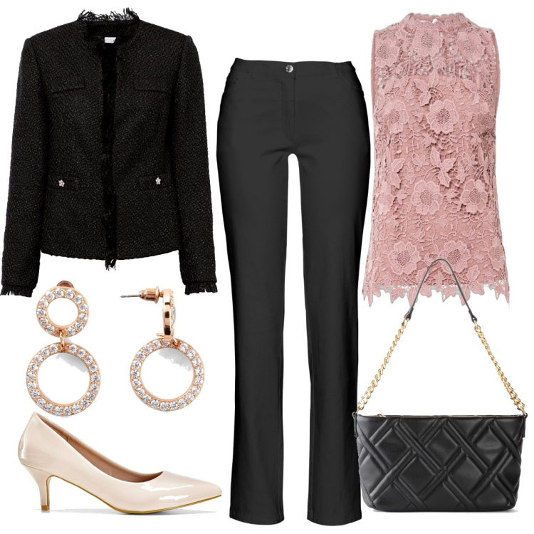 Outfit donna - Modello Chanel. Stile Chic per Serata fuori. Abbinamento con pantaloni, top, blazer, borse a mano, décolleté, orecchini.