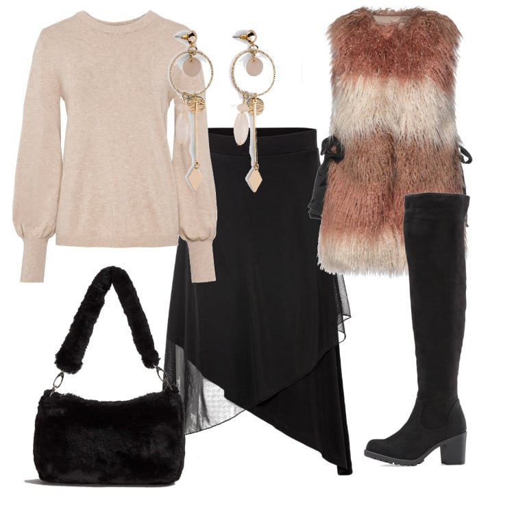 Outfit donna - Il gilet. Stile Casual per Tutti i giorni. Abbinamento con cappotti, maglieria, orecchini, gonne, stivali sopra il ginocchio, borse a spalla.