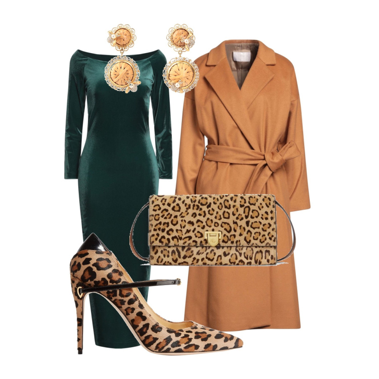 Outfit donna - Invitata a cena. Stile Chic per Serata fuori. Abbinamento con vestiti lunghi, orecchini, décolleté, cappotti, clutch.