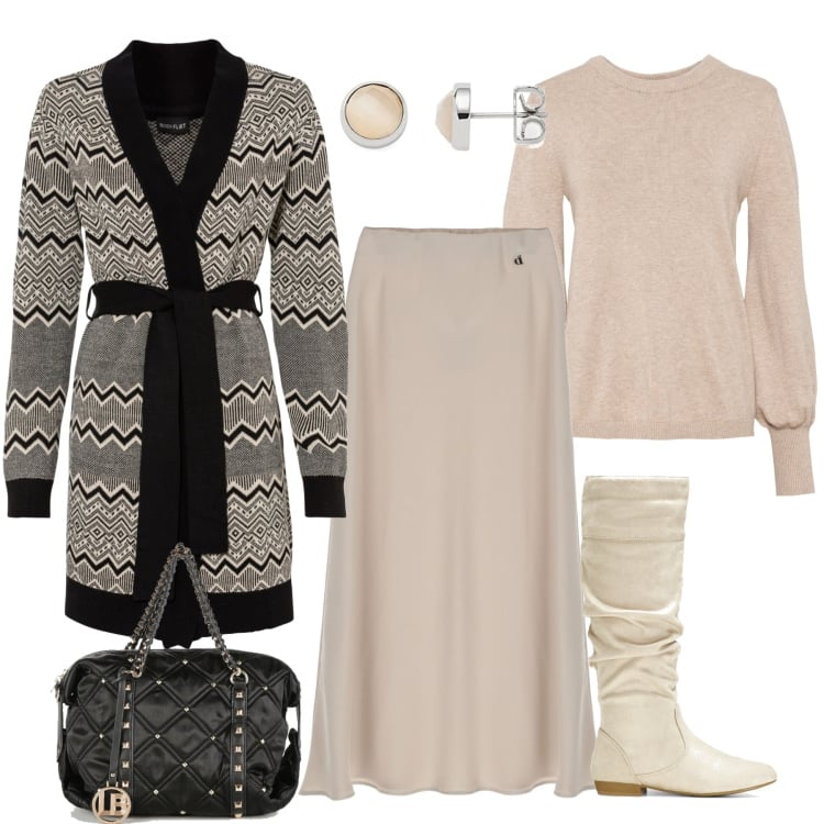 Outfit donna - In città. Stile Casual chic per Tutti i giorni. Abbinamento con maglieria, cardigans, stivali, borse a mano, gonne longuette, orecchini.