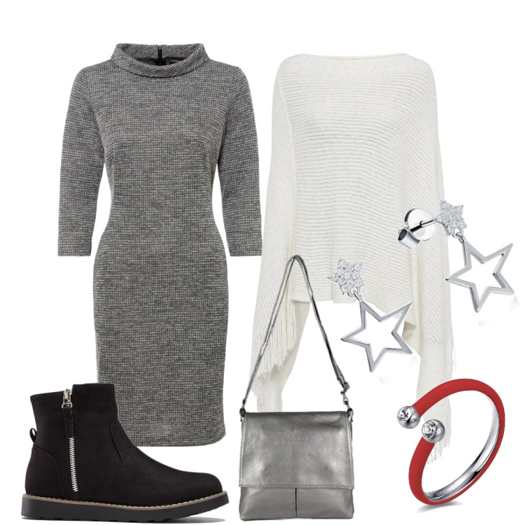 Outfit donna - Stelle. Stile Casual chic per Serata fuori. Abbinamento con stivaletti, vestiti, cappotti, borse a tracolla, anelli, orecchini.