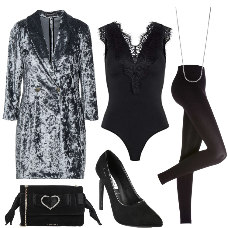 Outfit donna - A cena fuori. Stile Sexy per Serata fuori. Abbinamento con leggings, blazer, borse a tracolla, décolleté, body, collane.