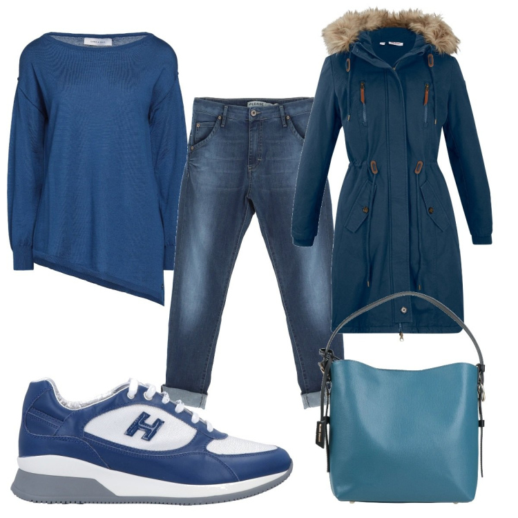 Outfit donna - Basic nella stagione fredda. Stile Basic per Tutti i giorni. Abbinamento con parka, sneakers, pullovers, borse a mano, jeans.