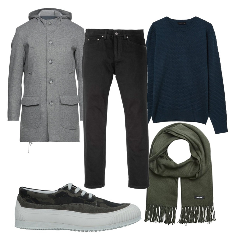 Outfit uomo - Il cappotto grigio. Stile Trendy per Tutti i giorni. Abbinamento con jeans slim fit, cappotti, sneakers, pullovers, sciarpe.