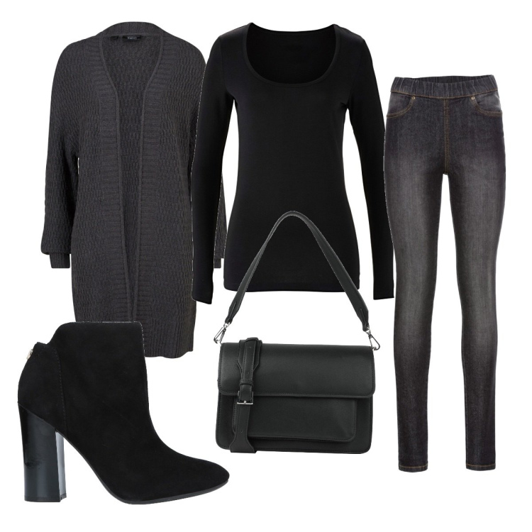 Outfit donna - Total look #1488118. Stile Trendy per Tutti i giorni. Abbinamento con t-shirt sportive, jeggings, cardigans, stivaletti, borse a mano.
