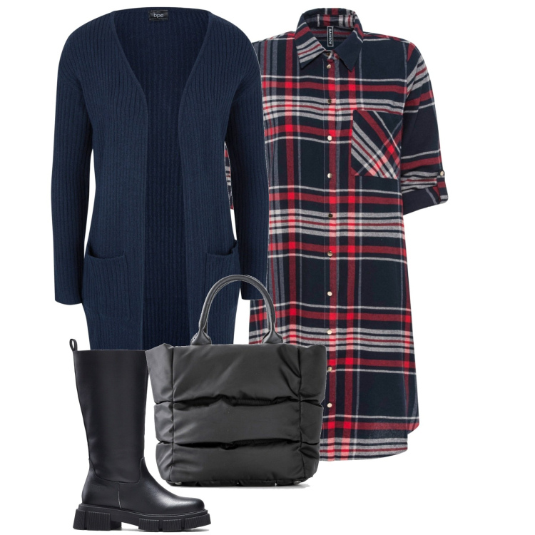 Outfit donna - Vestito e cardigan. Stile Urban per Scuola/Università. Abbinamento con vestiti chemisier, cardigans, stivali, borse a mano.