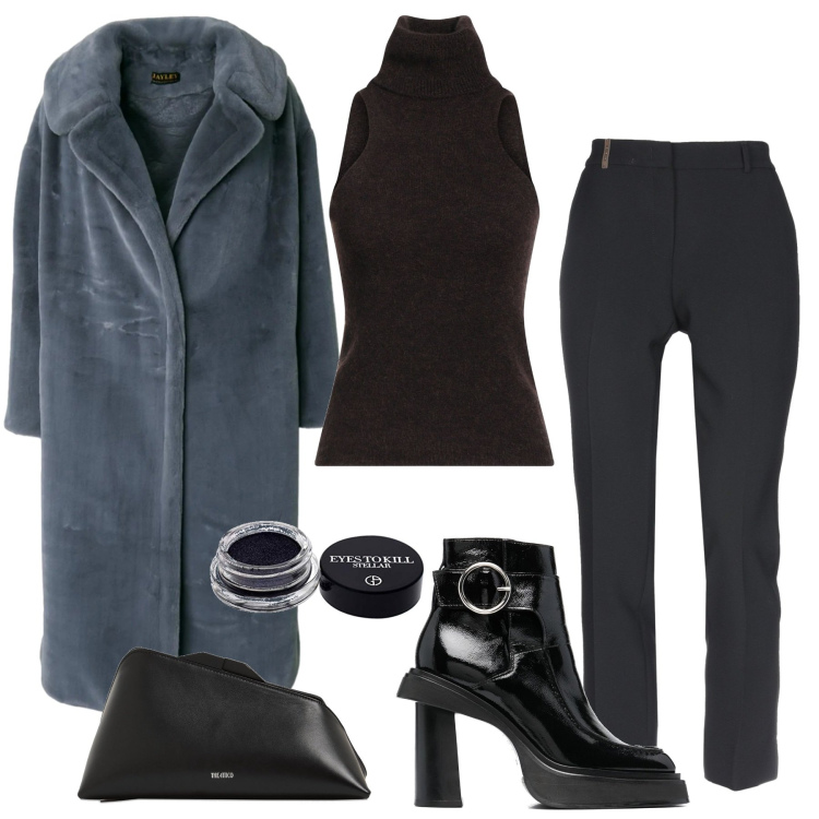 Outfit donna - Ecopelliccia. Stile Chic per Serata fuori. Abbinamento con pantaloni, maglieria, stivaletti, ecopellicce, pochette, ombretti.