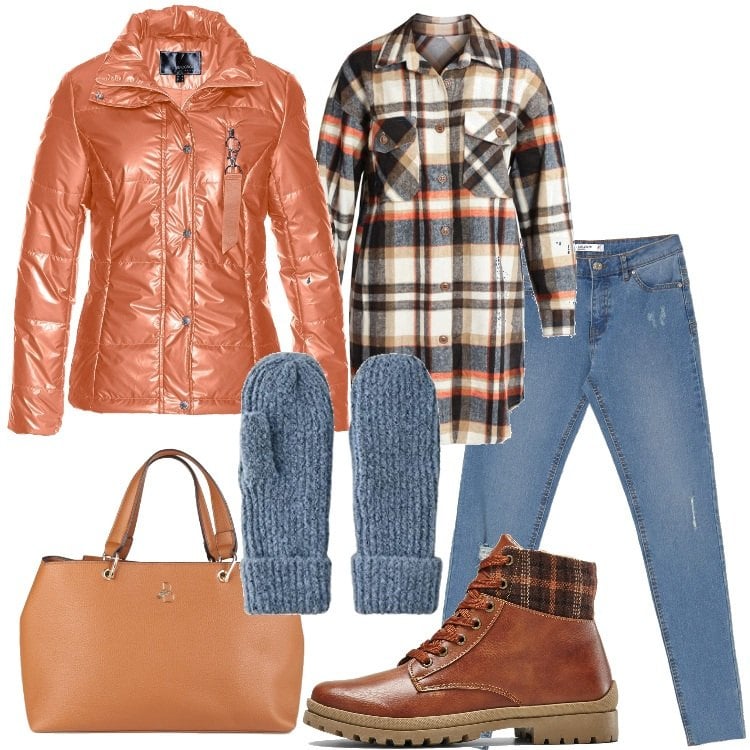 Outfit donna - Copriti bene!. Stile Casual per Tutti i giorni. Abbinamento con blazer, stivaletti, camicie, borse a mano, jeans, guanti.