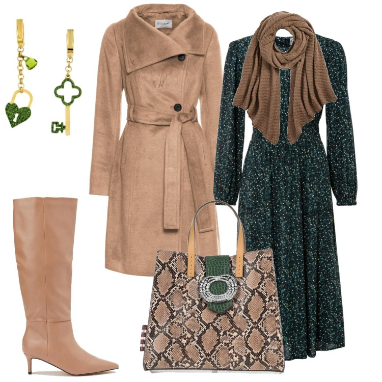 Outfit donna - Casual chic green and light brown. Stile Casual chic per Tutti i giorni. Abbinamento con vestiti midi/longuette, cappotti, borse a mano, orecchini, stivali, sciarpe.