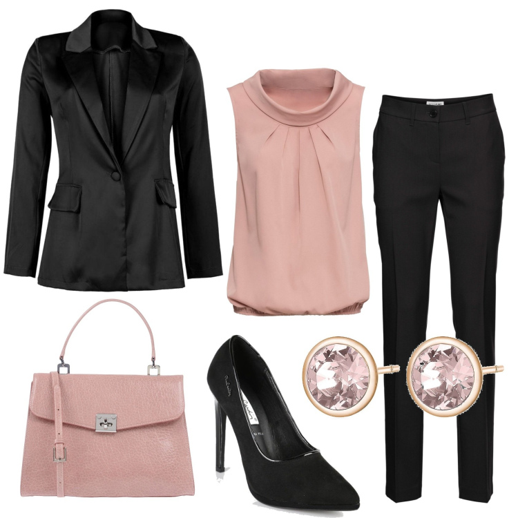 Outfit donna - A cena fuori. Stile Chic per Serata fuori. Abbinamento con pantaloni, top, borse a cartella, blazer, décolleté, orecchini.