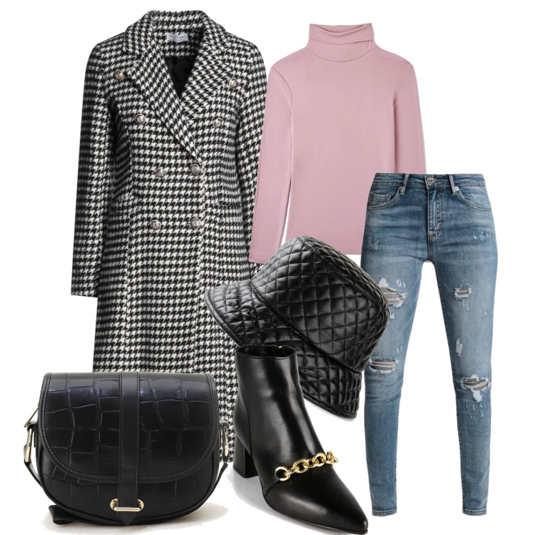 Outfit donna - Ghost outfitter - in giro. Stile Casual chic per Tutti i giorni. Abbinamento con cappelli con visiera, cappotti, t-shirt, jeans strappati, stivaletti, pochette.