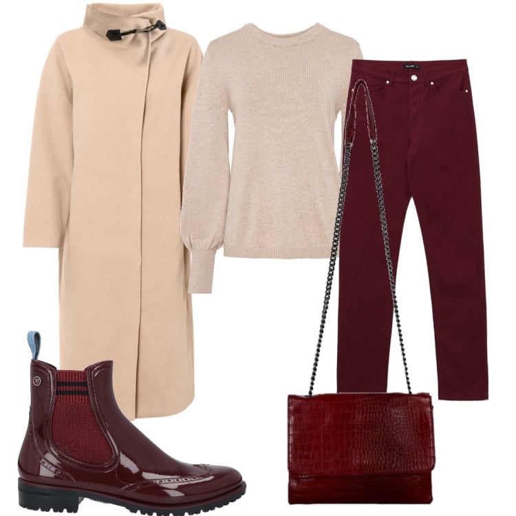 Outfit donna - Cappotto lungo beige. Stile Casual per Tutti i giorni. Abbinamento con stivaletti, maglieria, cappotti, borse a tracolla, pantaloni.