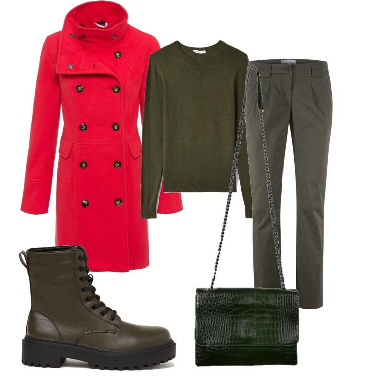 Outfit donna - Cappotto rosso a doppio petto. Stile Casual per Tutti i giorni. Abbinamento con pantaloni chino, cappotti, maglieria, borse a tracolla, anfibi.
