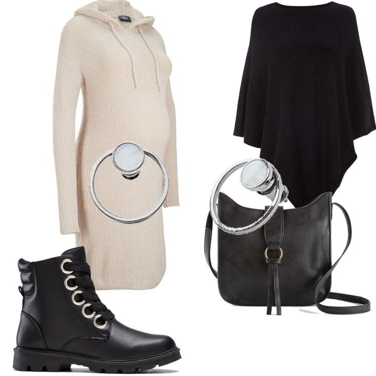 Outfit donna - Abito color panna in lana. Stile Casual per Tutti i giorni. look ideale per Premaman. Abbinamento con cappotti, borse a tracolla, vestiti, stivaletti, orecchini.