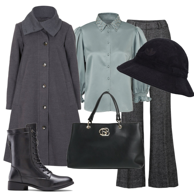 Outfit donna - Total look #1488736. Stile Bon Ton per Ufficio. Abbinamento con pantaloni a palazzo, camicie, cappotti, stivali, borse a mano, cappelli.
