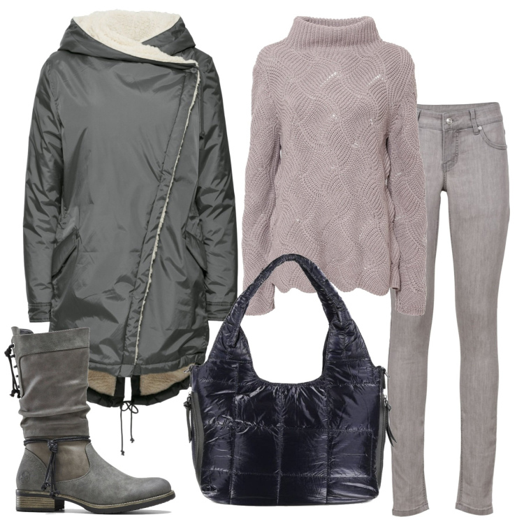 Outfit donna - Total look #1488739. Stile Casual per Scuola/Università. Abbinamento con jeans skinny, cappotti, maglieria, stivali, borse a spalla.