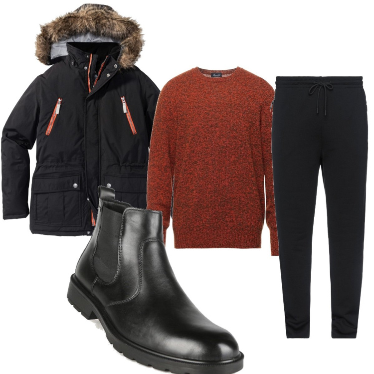 Outfit uomo - Maglione color ruggine. Stile Casual per Tutti i giorni. Abbinamento con parka, pantaloni, pullovers, stivali e stivaletti.