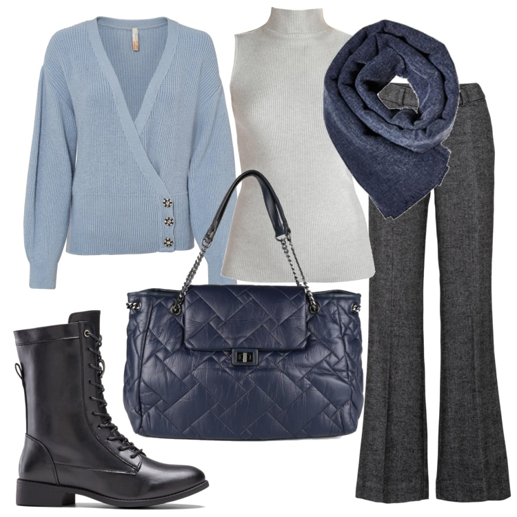Outfit donna - Basic #12100. Stile Basic per Ufficio. Abbinamento con pantaloni a palazzo, maglieria, stivali, pullovers, borse a spalla, sciarpe.