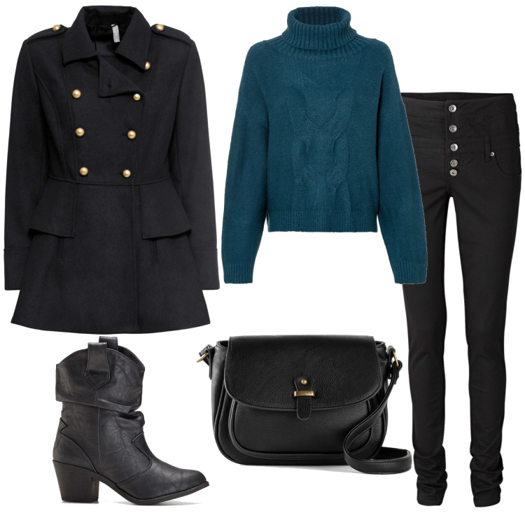 Outfit donna - Total look #1488934. Stile Casual per Tutti i giorni. Abbinamento con pantaloni skinny, stivaletti texani, maglieria, cappotti, borse a tracolla.