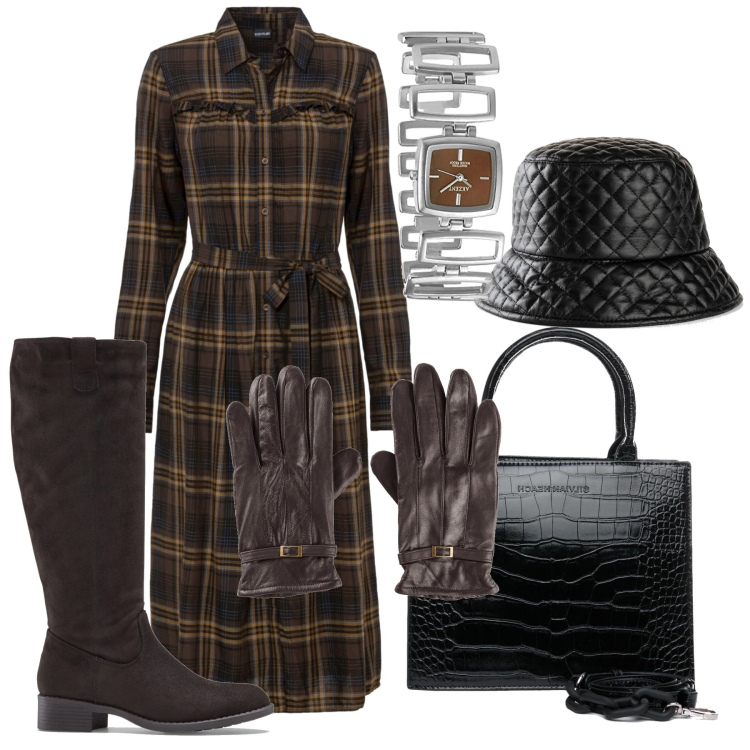 Outfit donna - Total look #1488955. Stile Bon Ton per Ufficio. Abbinamento con stivali, cappelli con visiera, vestiti, guanti, borse a mano, orologi.