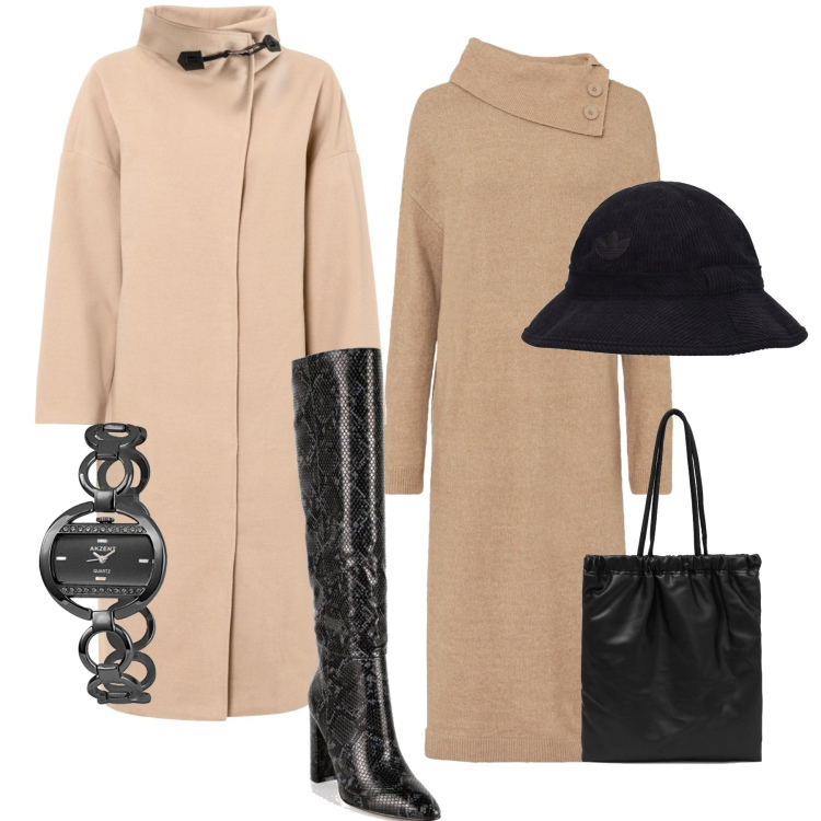 Outfit donna - Total look #1488967. Stile Bon Ton per Ufficio. Abbinamento con vestiti chemisier, cappotti, stivali, shopping bag, cappelli, orologi.