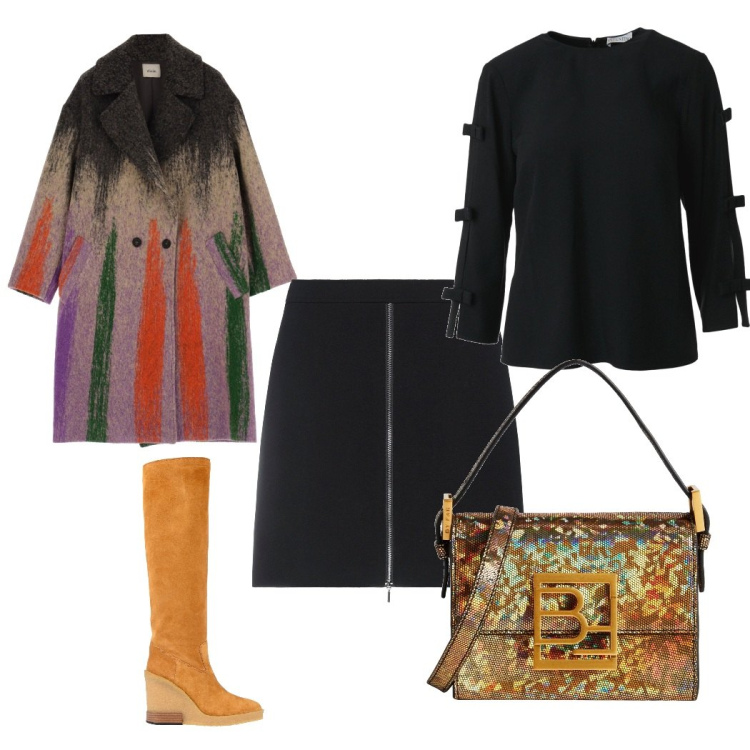 Outfit donna - Cappotto lungo fantasia. Stile Chic per Tutti i giorni. Abbinamento con stivali, borse a mano, minigonne, cappotti, bluse.