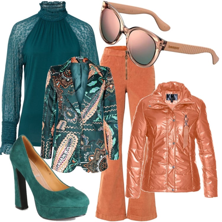 Outfit donna - Orange & Petrol Green colour. Stile Casual chic per Ufficio. Abbinamento con blazer, maglieria, pantaloni, blazer, décolleté, occhiali da sole.