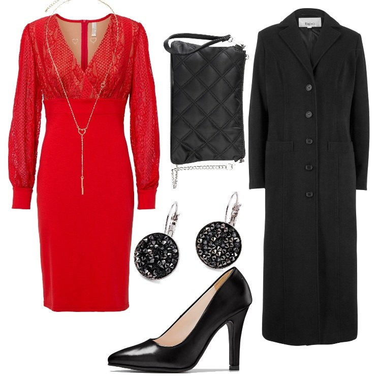 Outfit donna - Bon prix -Christmas 2022. Stile Chic per Serata fuori. Abbinamento con cappotti, vestiti, pochette, décolleté, collane, orecchini.