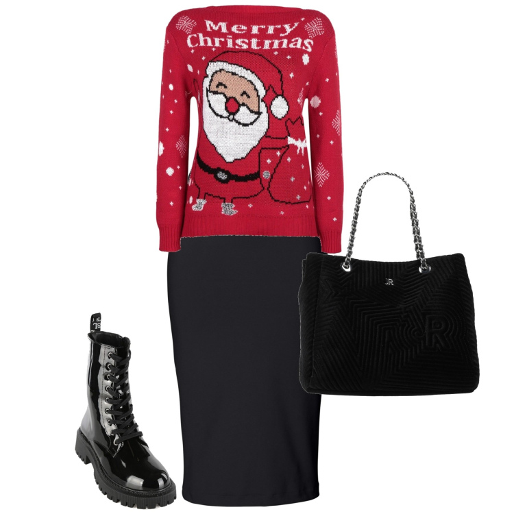 Outfit donna - Merry Christmas. Stile Trendy per Serata fuori. Abbinamento con gonne longuette, borse a mano, maglieria, anfibi.