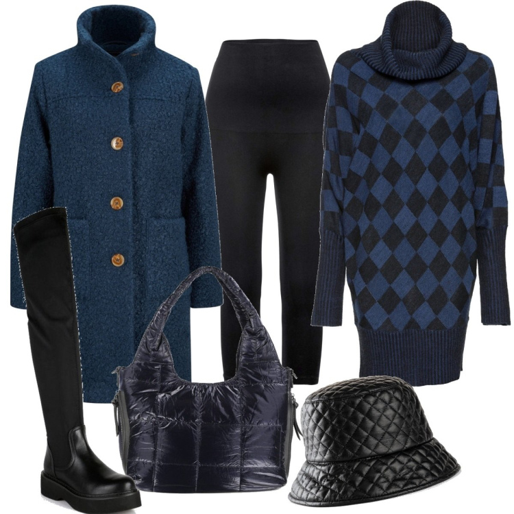 Outfit donna - Il blu con i capelli biondi. Stile Minimal per Tutti i giorni. Abbinamento con cappotti, cappelli con visiera, pullovers, leggings, stivali sopra il ginocchio, borse a spalla.