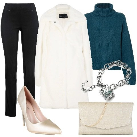 Outfit donna - Scegli la faux fur!. Stile Casual chic per Tutti i giorni. Abbinamento con pantaloni, maglieria, ecopellicce, décolleté, pochette, braccialetti.