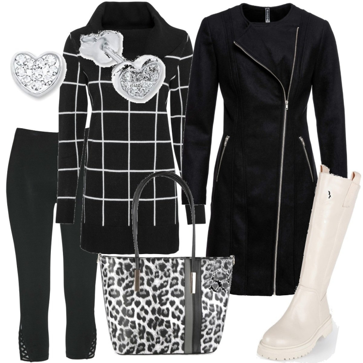 Outfit donna - Cuori brillanti. Stile Minimal per Tutti i giorni. Abbinamento con maglieria, leggings, cappotti, stivali, borse a spalla, orecchini.