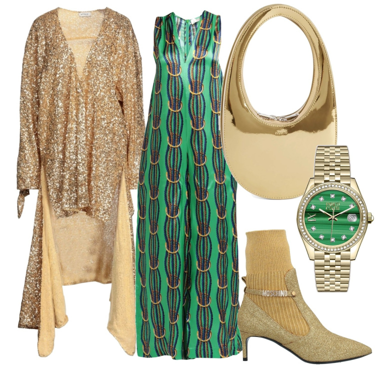 Outfit donna - Goldfinger. Stile Chic per Serata fuori. Abbinamento con stivaletti, tute, cappotti, orologi, borse a mano.