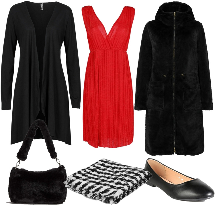 Outfit donna - Pellicciami. Stile Casual chic per Serata fuori. Abbinamento con cardigans, ecopellicce, borse a spalla, vestiti senza maniche, ballerine, cappe.