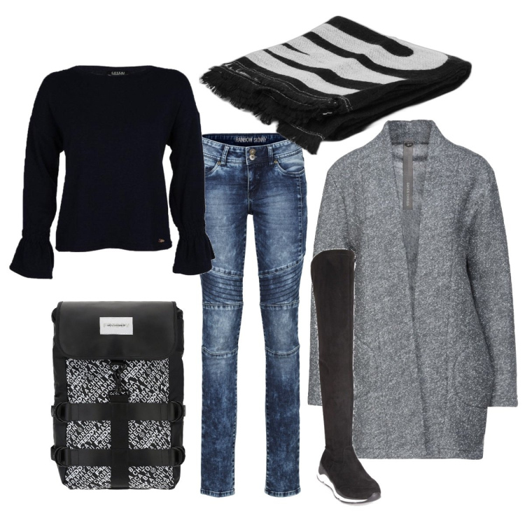 Outfit donna - Freddo inverno con cappa. Stile Casual per Scuola/Università. Abbinamento con jeans skinny, cappotti, stivali sopra il ginocchio, pullovers, cappe, zaini.