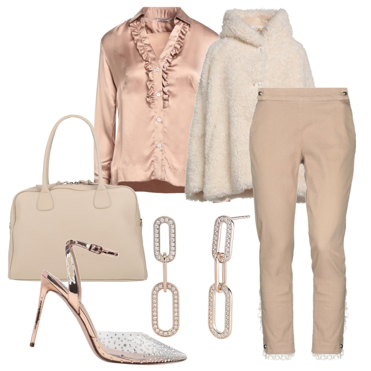 Outfit donna - La cena di Natale. Stile Bon Ton per Serata fuori. Abbinamento con décolleté, pantaloni, camicie, cappotti, borse a mano, orecchini.