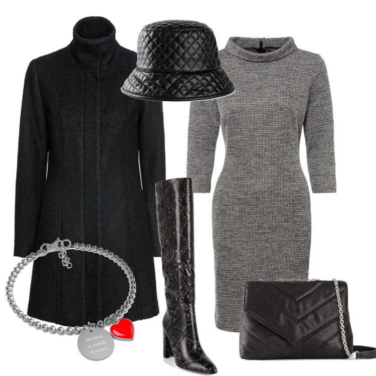 Outfit donna - Total look #1489406. Stile Vintage retrò per Ufficio. Abbinamento con cappelli con visiera, vestiti, cappotti, borse a mano, stivali, braccialetti.