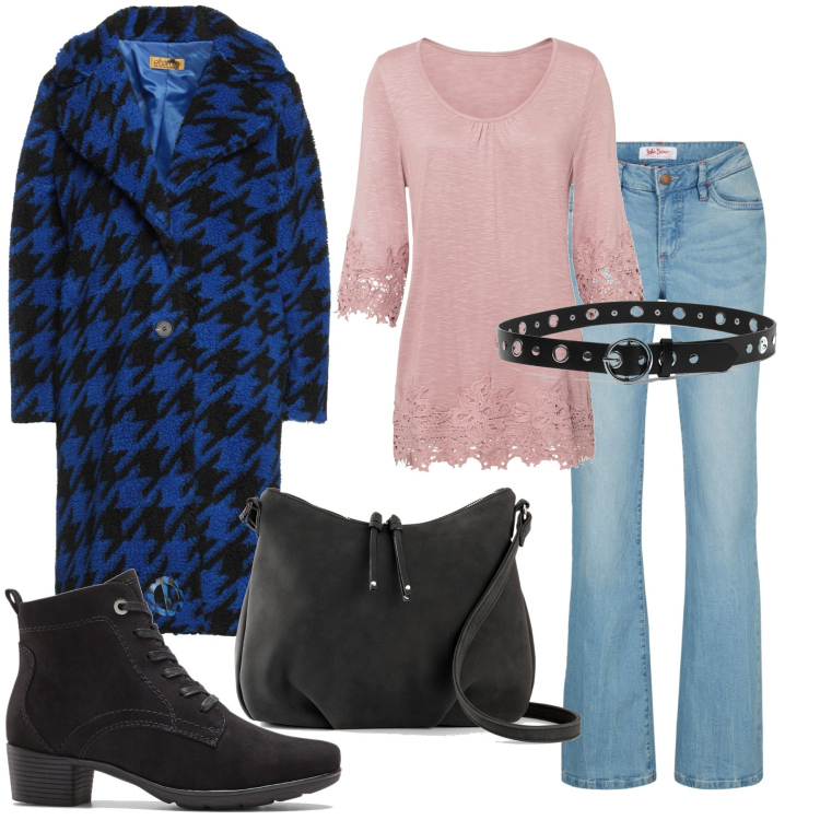 Outfit donna - Total look #1489596. Stile Casual per Tutti i giorni. Abbinamento con jeans bootcut, maglieria, stivaletti, borse a tracolla, cappotti, cinture.