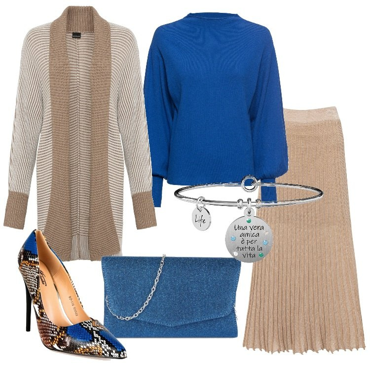 Outfit donna - Gonna plissé e décolleté. Stile Chic per Serata fuori. Abbinamento con maglieria, gonne, cardigans, décolleté, pochette, braccialetti.