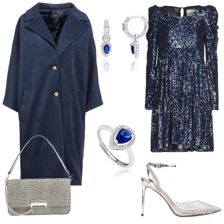 Outfit donna - Fine anno in blu. Stile Glamour per Serata fuori. Abbinamento con décolleté, vestiti corti, cappotti, borse a mano, orecchini, anelli.